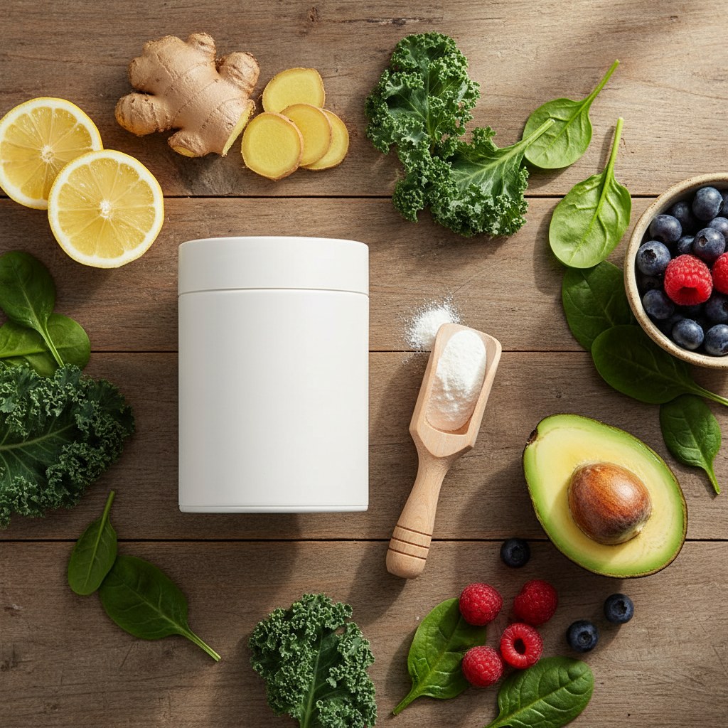 Designs for Health Whole Body Collagen canister and scoop on a rustic wooden table surrounded by fresh whole foods